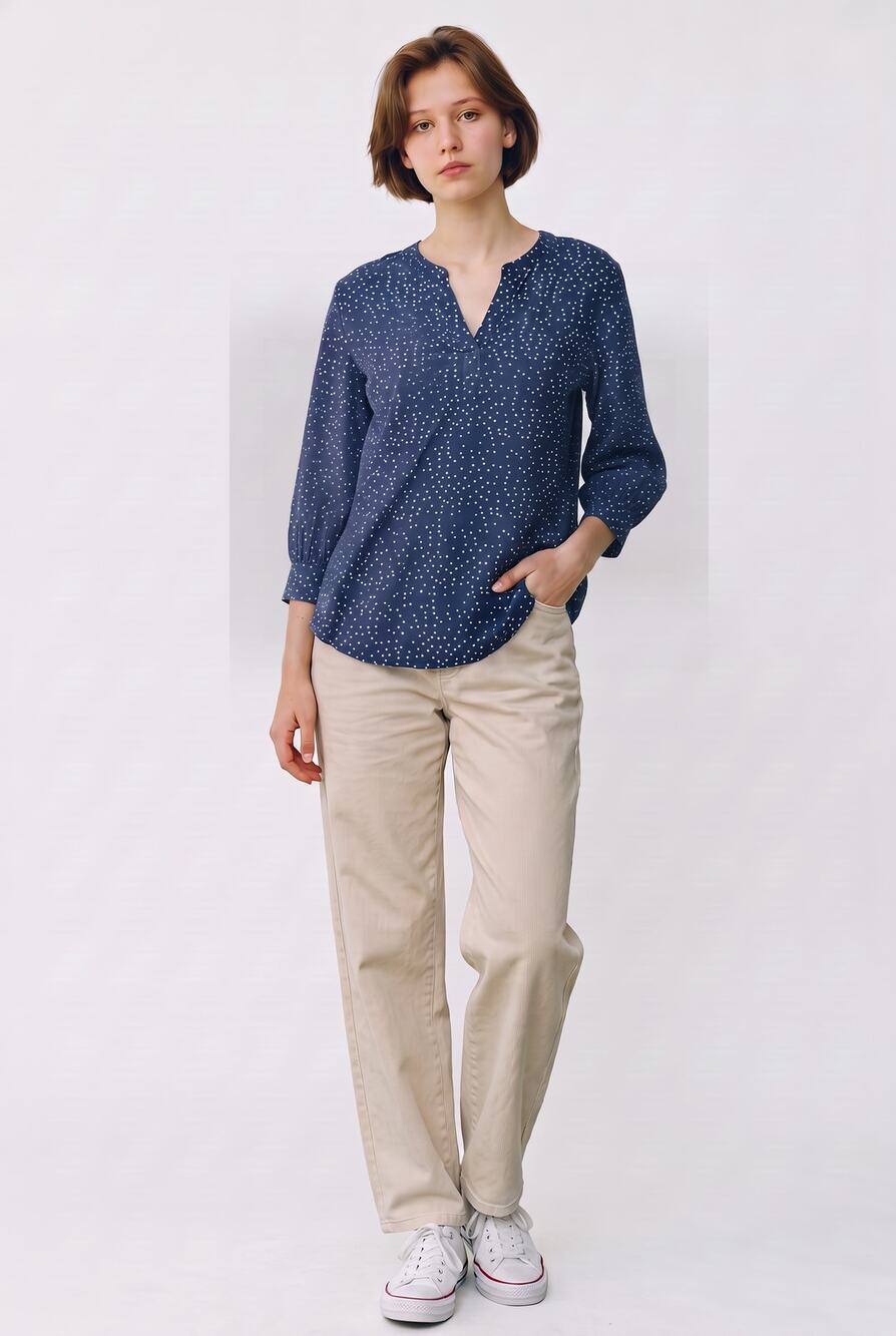 Pale Sky Blue Polka Dot Split V Neck Blouse 3/4 Sleeve PS Workwear Office Casual